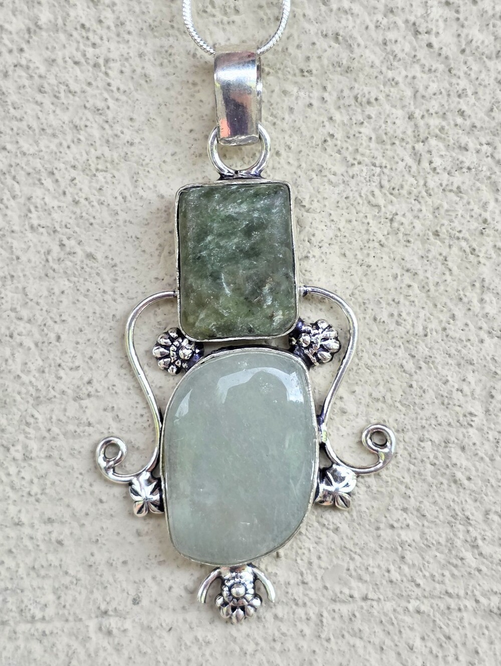 Seraphinite & Aquamarine Gemstone Pendant Necklace In 925 Sterling Silver (2.8")